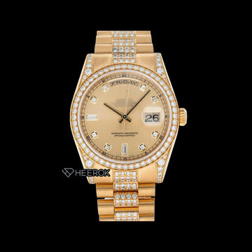 Rolex Day-Date Yellow Dial Diamond Markers Diamond Bezel Yellow Gold Semi Iced Moissanite Diamond President Bracelet Watch For Women Front View
