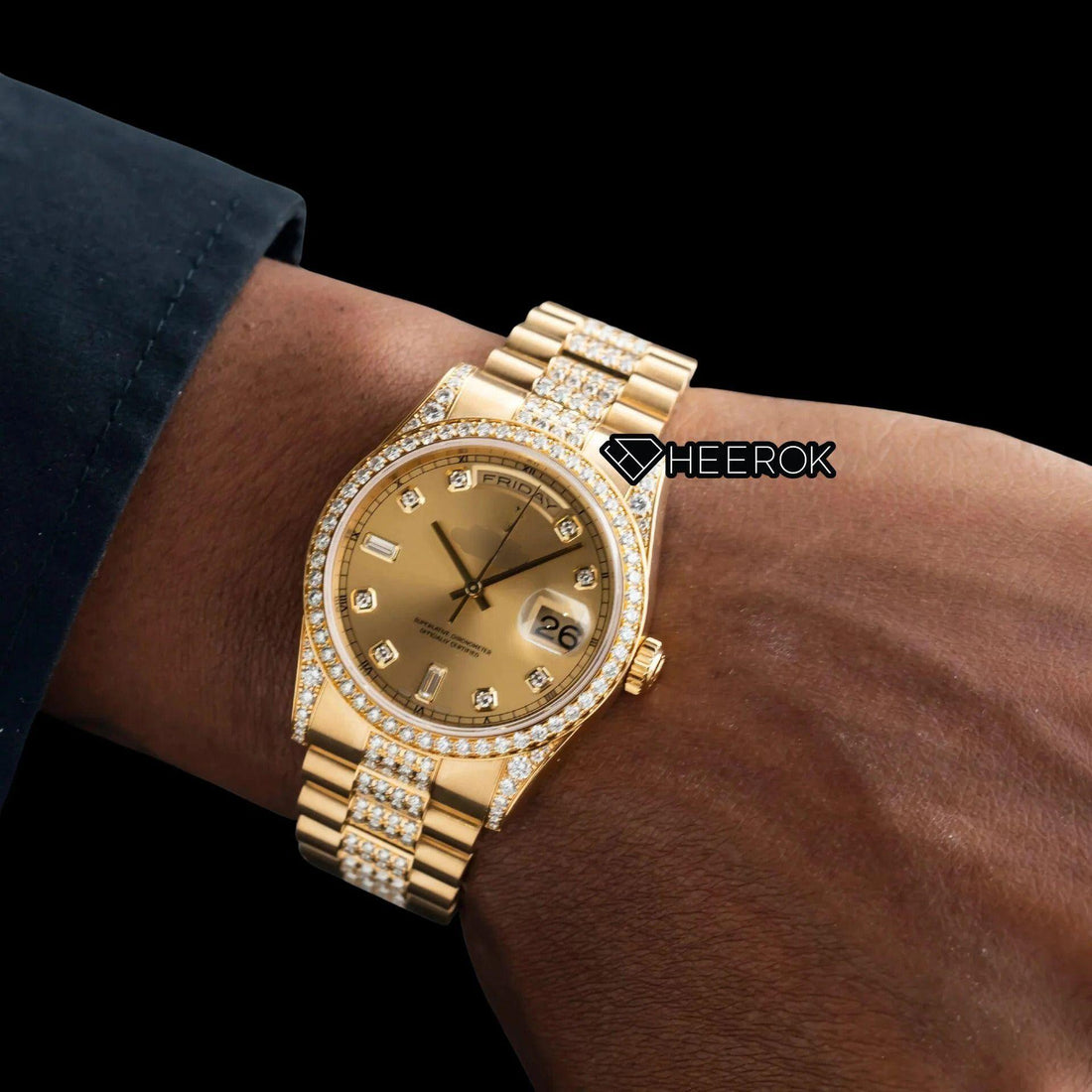 Rolex Day-Date Yellow Dial Diamond Markers Diamond Bezel Yellow Gold Semi Iced Moissanite Diamond President Bracelet Watch For Women Front View