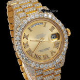 Rolex Day-Date Yellow Dial Roman Diamond Numerals Large Round Diamond Bezel Yellow Gold Fully Iced Moissanite Diamond President Bracelet Front View
