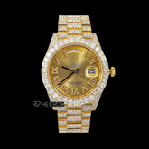 Rolex Day-Date Yellow Dial Roman Diamond Numerals Large Round Diamond Bezel Yellow Gold Fully Iced Moissanite Diamond President Bracelet Front View