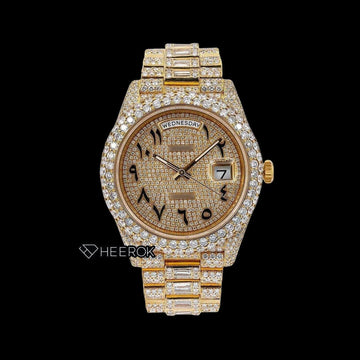Rolex Day-Date Yellow Gold Dial Arabic Numerals Diamond Bezel Yellow Gold Fully Iced Moissanite Diamond President Bracelet Front View