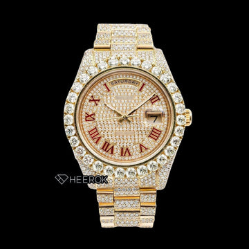 Rolex Day-Date Yellow Paved Dial Red Roman Numerals Large Round Diamond Bezel Yellow Gold Fully Iced Moissanite Diamond President Bracelet Watch Front View