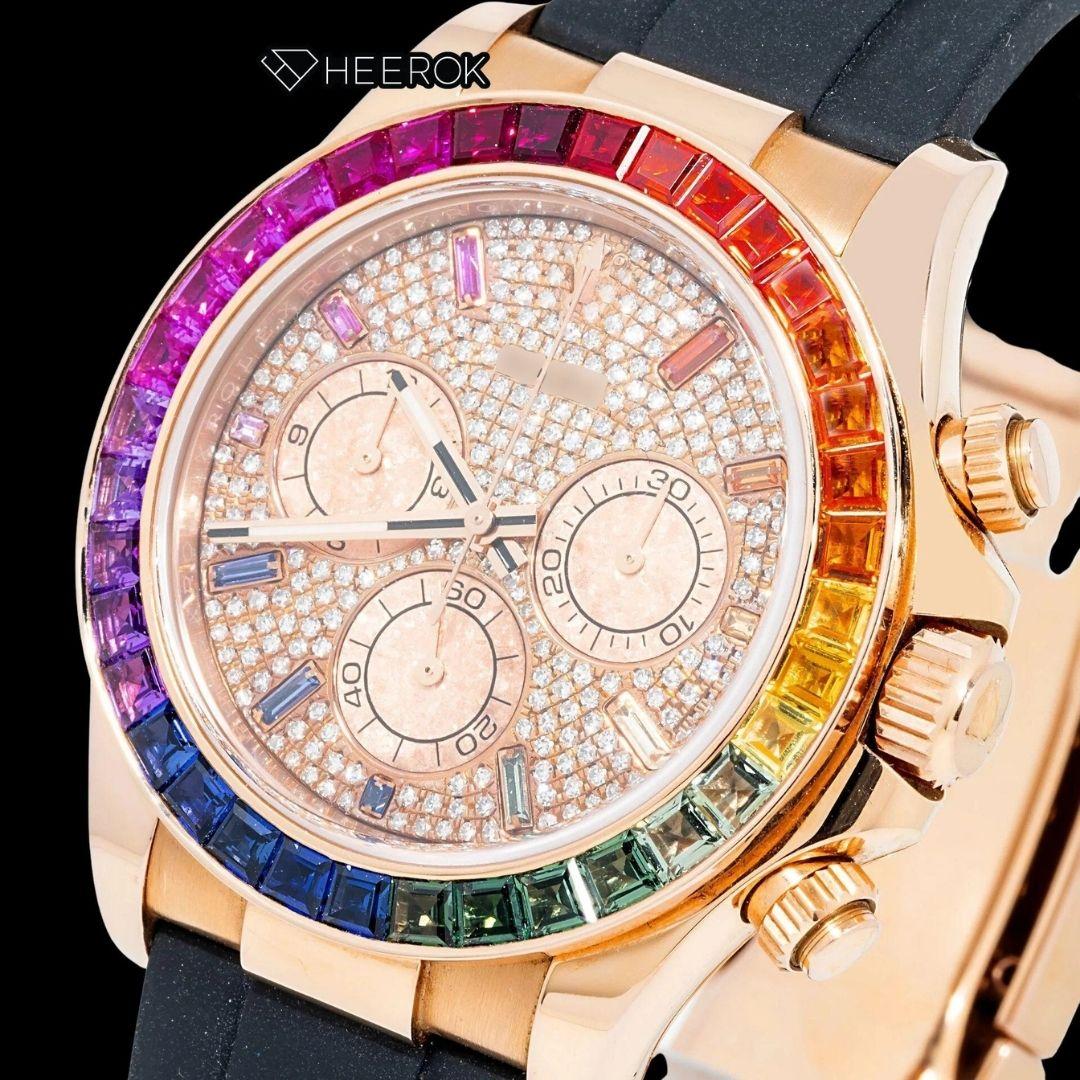 Rolex Daytona Chronograph Yellow Gold Dial Multicolor Diamond Stick Markers Rainbow Diamond Bezel Moissanite Diamond Black Rubber Strap Watch Front View.