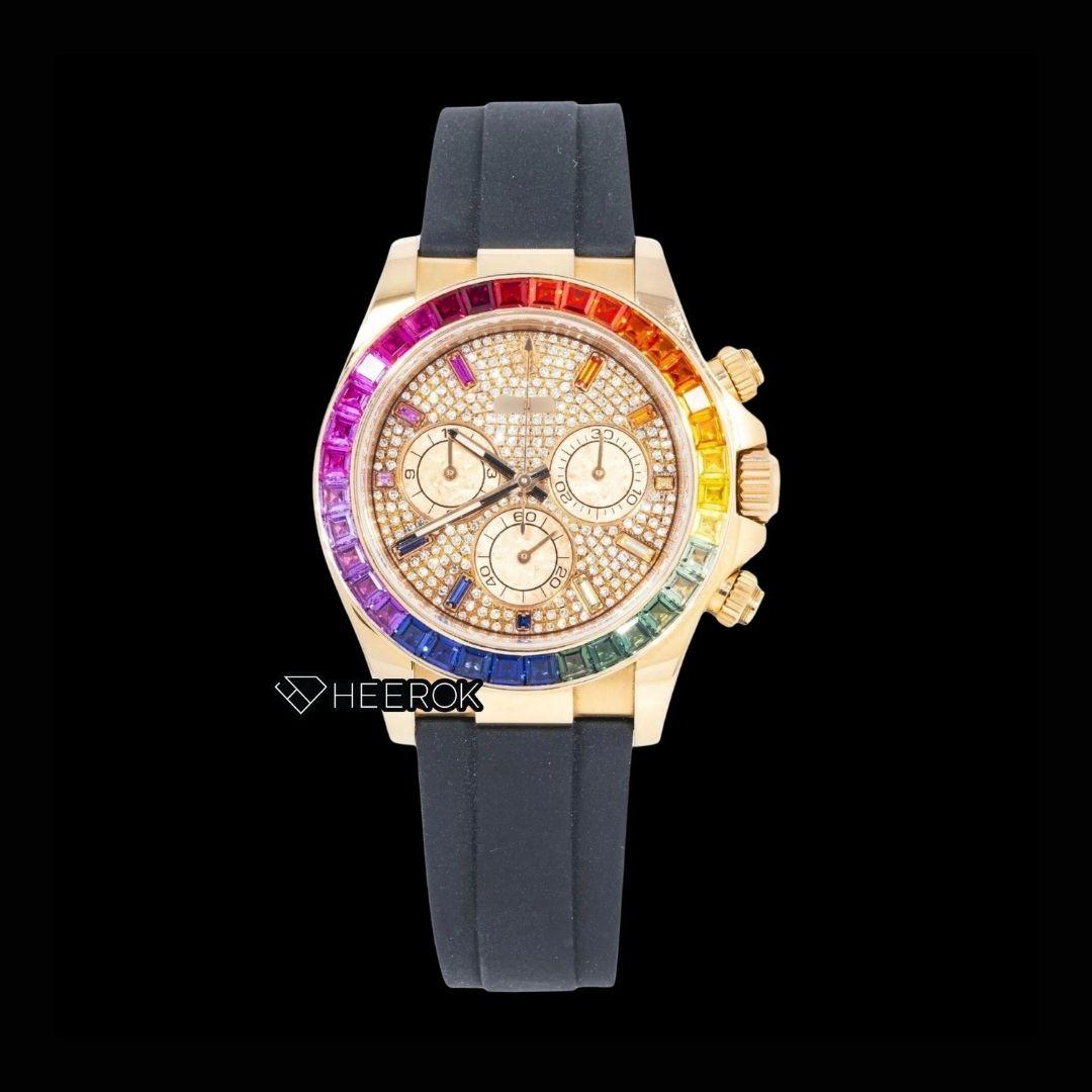 Rolex Daytona Chronograph Yellow Gold Dial Multicolor Diamond Stick Markers Rainbow Diamond Bezel Moissanite Diamond Black Rubber Strap Watch Front View.
