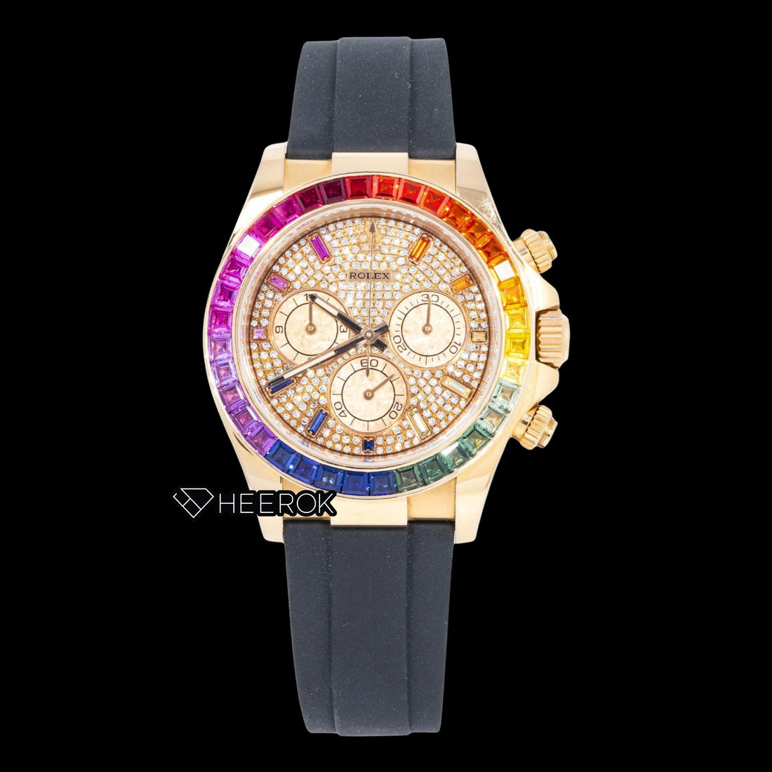 Rolex Daytona Chronograph Yellow Gold Dial Multicolor Diamond Stick Markers Rainbow Diamond Bezel Moissanite Diamond Black Rubber Strap Watch Front View