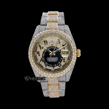 Rolex Sky-Dweller Black Arabic Dial Diamond Bezel Two Tone Yellow Gold Moissanite Diamonds Oyster Bracelet For Women Front View.
