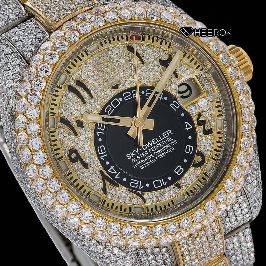 Rolex Sky-Dweller Black Arabic Dial Diamond Bezel Two Tone Yellow Gold Moissanite Diamonds Oyster Bracelet Front View