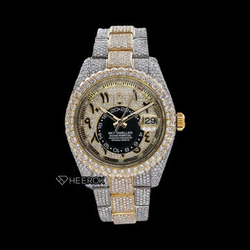 Rolex Sky-Dweller Black Arabic Dial Diamond Bezel Two Tone Yellow Gold Moissanite Diamonds Oyster Bracelet Front View