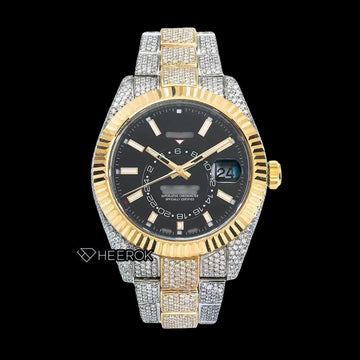 Rolex Sky-Dweller Black Dial Stick Markers Fluted Bezel Two Tone Yellow Gold Fully Iced Moissanite Diamond Oyster Bracelet Watch Front View