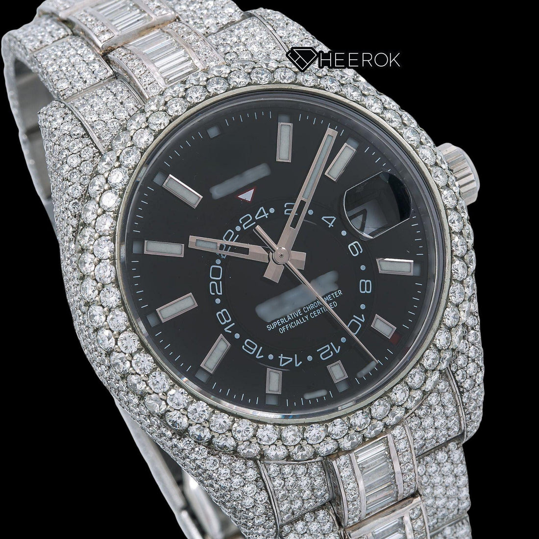 Rolex Sky-Dweller Black Dial White Stick Markers Diamond Bezel Bust Down Moissanite Diamond Baguette Oyster Bracelet Watch Front View