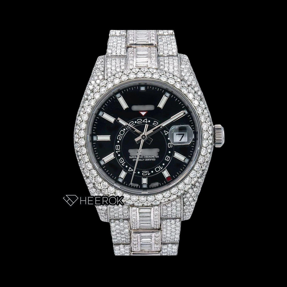 Rolex Sky-Dweller Black Dial White Stick Markers Diamond Bezel Bust Down Moissanite Diamond Baguette Oyster Bracelet Watch Front View