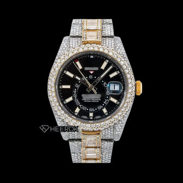 Rolex Sky-Dweller Black Dial White Stick Markers Diamond Bezel Two Tone Yellow Gold Fully Iced Moissanite Diamond Baguette Oyster Bracelet Front View