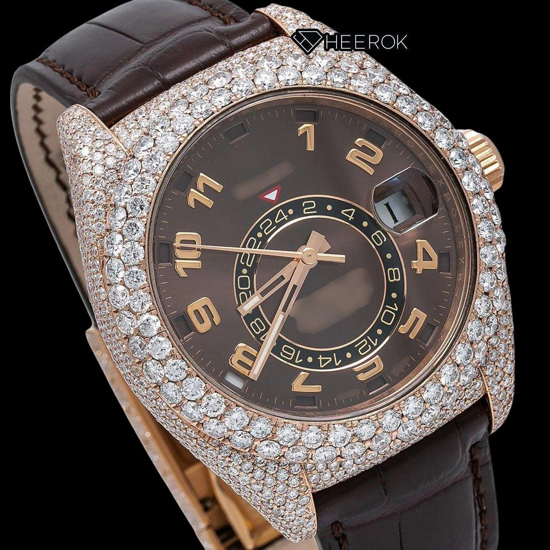 Rolex Sky-Dweller Brown Dial Standard Numerals Diamond Bezel Moissanite Diamond Brown Leather Strap Watch Front View
