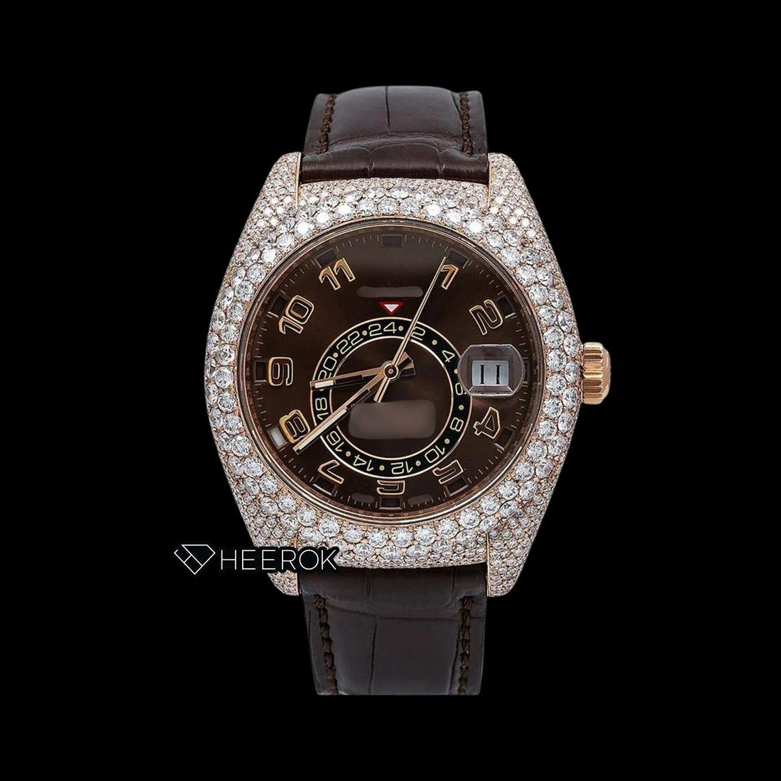 Rolex Sky-Dweller Brown Dial Standard Numerals Diamond Bezel Moissanite Diamond Brown Leather Strap Watch Front View