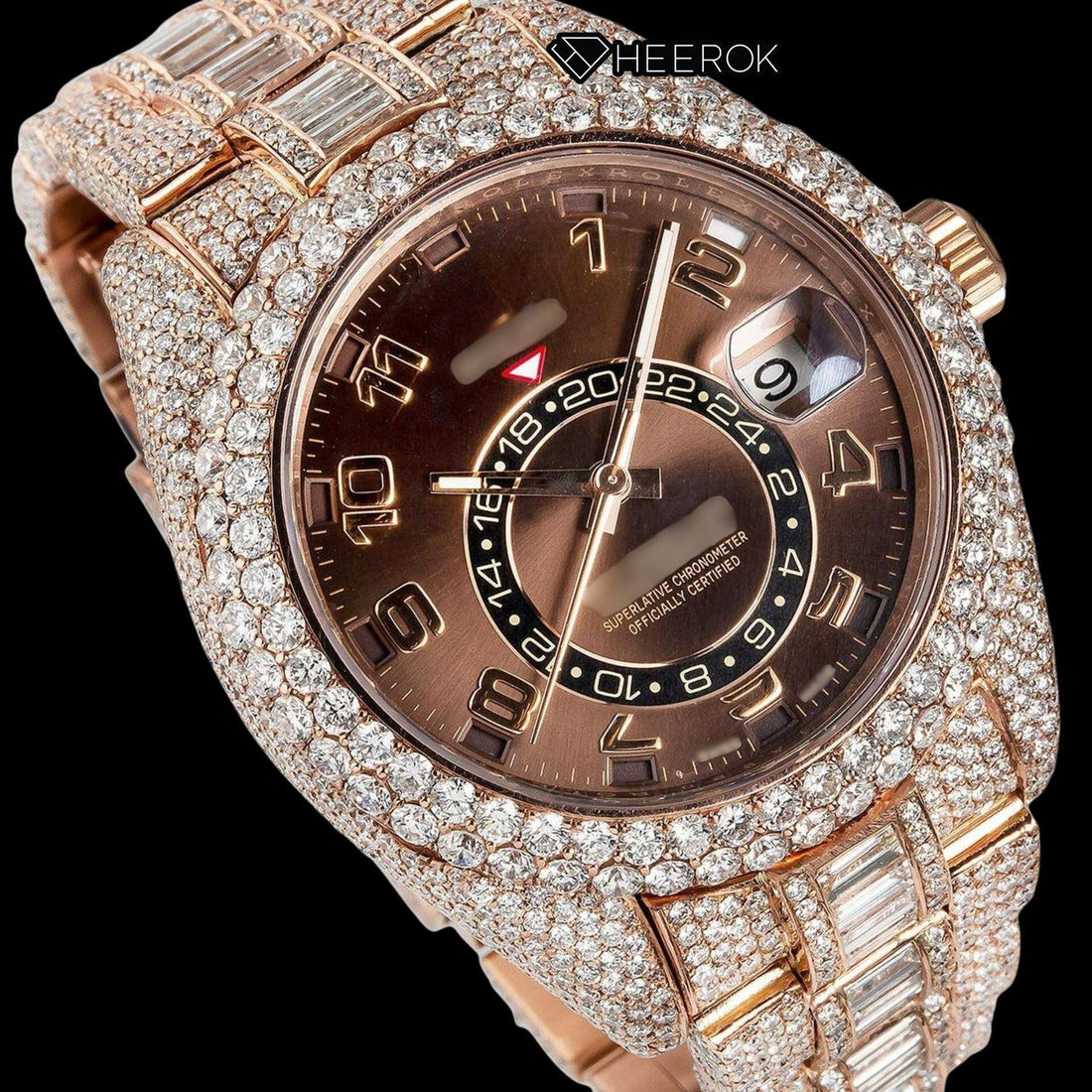 Rolex Sky-Dweller Brown Dial Standard Numerals Diamond Bezel Rose Gold Baguette Moissanite Diamond Oyster Bracelet Watch Front View