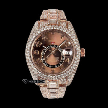 Rolex Sky-Dweller Brown Dial Standard Numerals Diamond Bezel Rose Gold Baguette Moissanite Diamond Oyster Bracelet Watch Front View