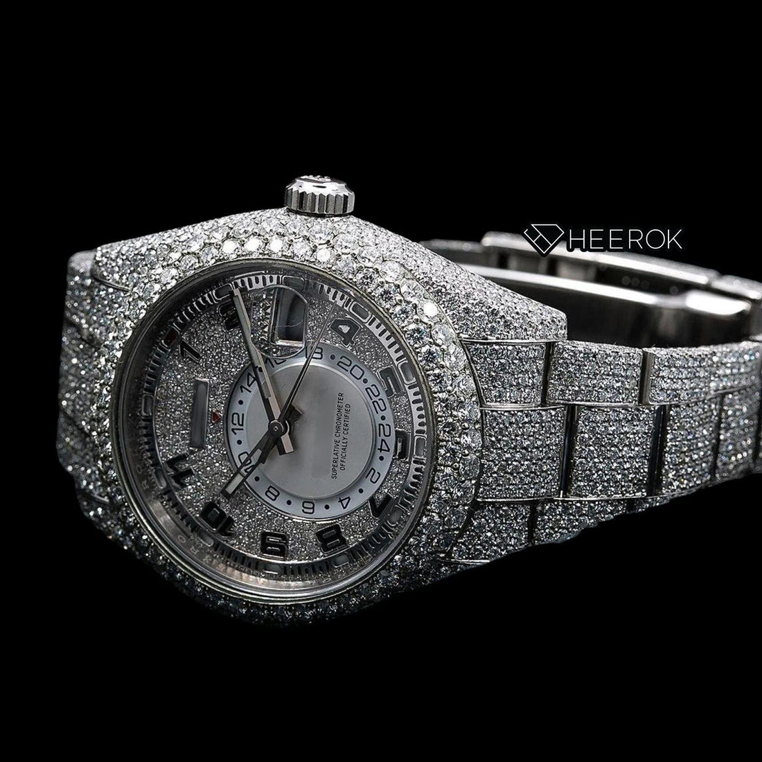 Rolex Sky-Dweller Diamond Paved Dial Standard Numerals Diamond Bezel Fully Iced Out Moissanite Diamond Oyster Bracelet Watch Front View