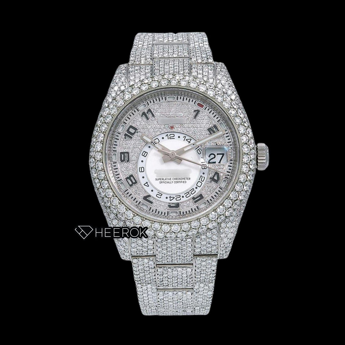 Rolex Sky-Dweller Diamond Paved Dial Standard Numerals Diamond Bezel Fully Iced Out Moissanite Diamond Oyster Bracelet Watch Front View