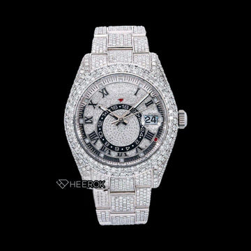 Rolex Sky-Dweller Full Pave Dial Black Roman Numerals Diamond Bezel Fully Iced Moissanite Diamond Oyster Bracelet Front View