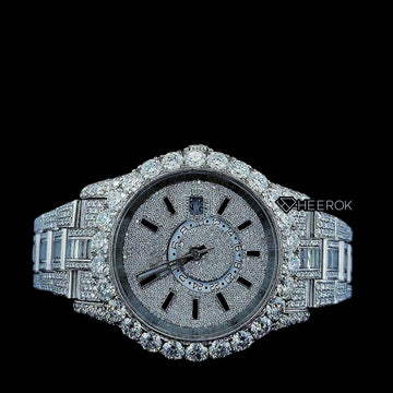 Rolex Sky-Dweller Full Pave Dial Black Stick Markers Diamond Bezel Fully Iced Moissanite Diamond Oyster Bracelet Front View
