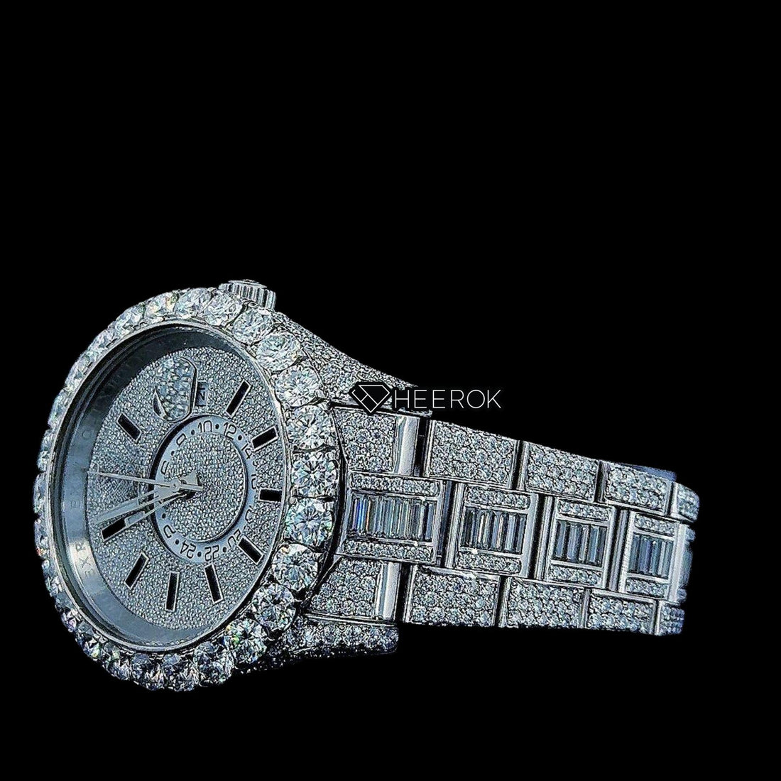 Rolex Sky-Dweller Full Pave Dial Black Stick Markers Diamond Bezel Fully Iced Moissanite Diamond Oyster Bracelet Front View