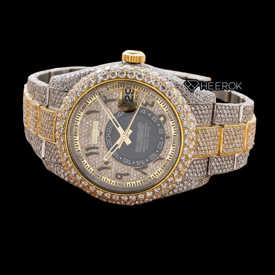 Rolex Sky-Dweller Full Paved Yellow Dial Arabic Numerals Diamond Bezel Two Tone Yellow Gold Bust Down Moissanite Diamond Oyster Bracelet Watch Front View