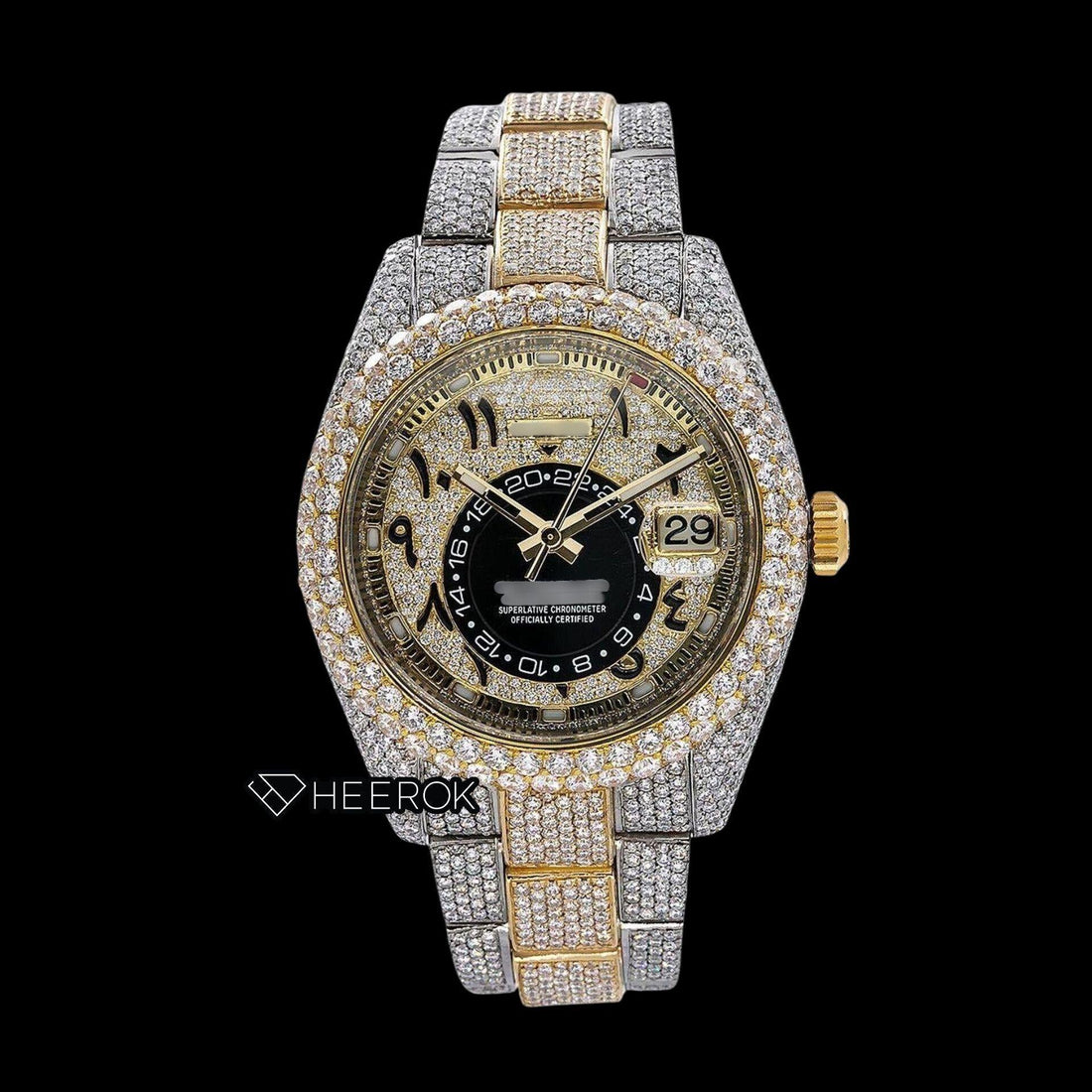 Rolex Sky-Dweller Full Paved Yellow Dial Arabic Numerals Diamond Bezel Two Tone Yellow Gold Bust Down Moissanite Diamond Oyster Bracelet Watch Front View
