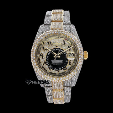 Rolex Sky-Dweller Full Paved Yellow Dial Arabic Numerals Diamond Bezel Two Tone Yellow Gold Bust Down Moissanite Diamond Oyster Bracelet Watch Front View