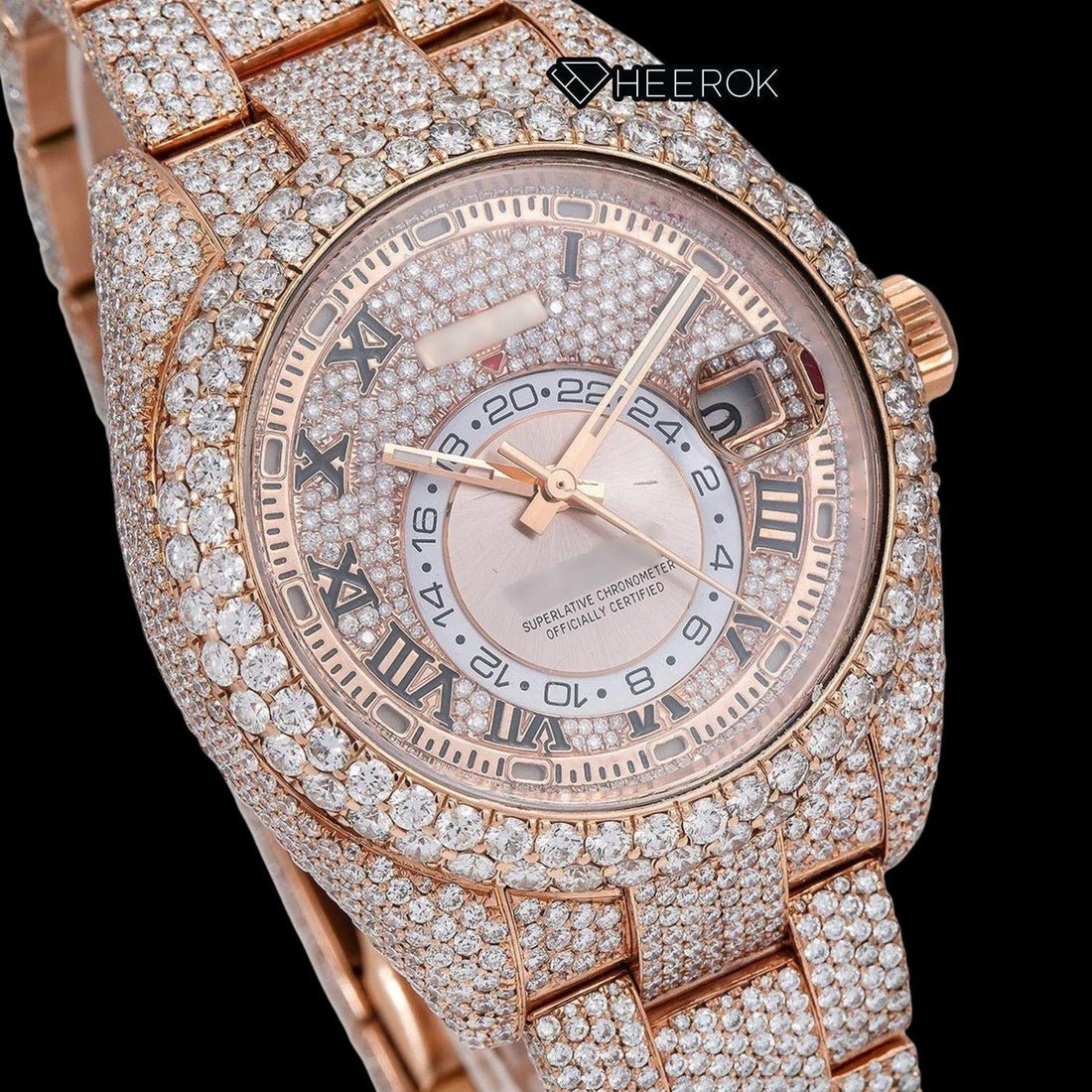 Rolex Sky-Dweller Rose Gold Dial Black Roman Numerals Diamond Bezel Rose Gold Fully Iced Moissanite Diamond Oyster Bracelet Front View