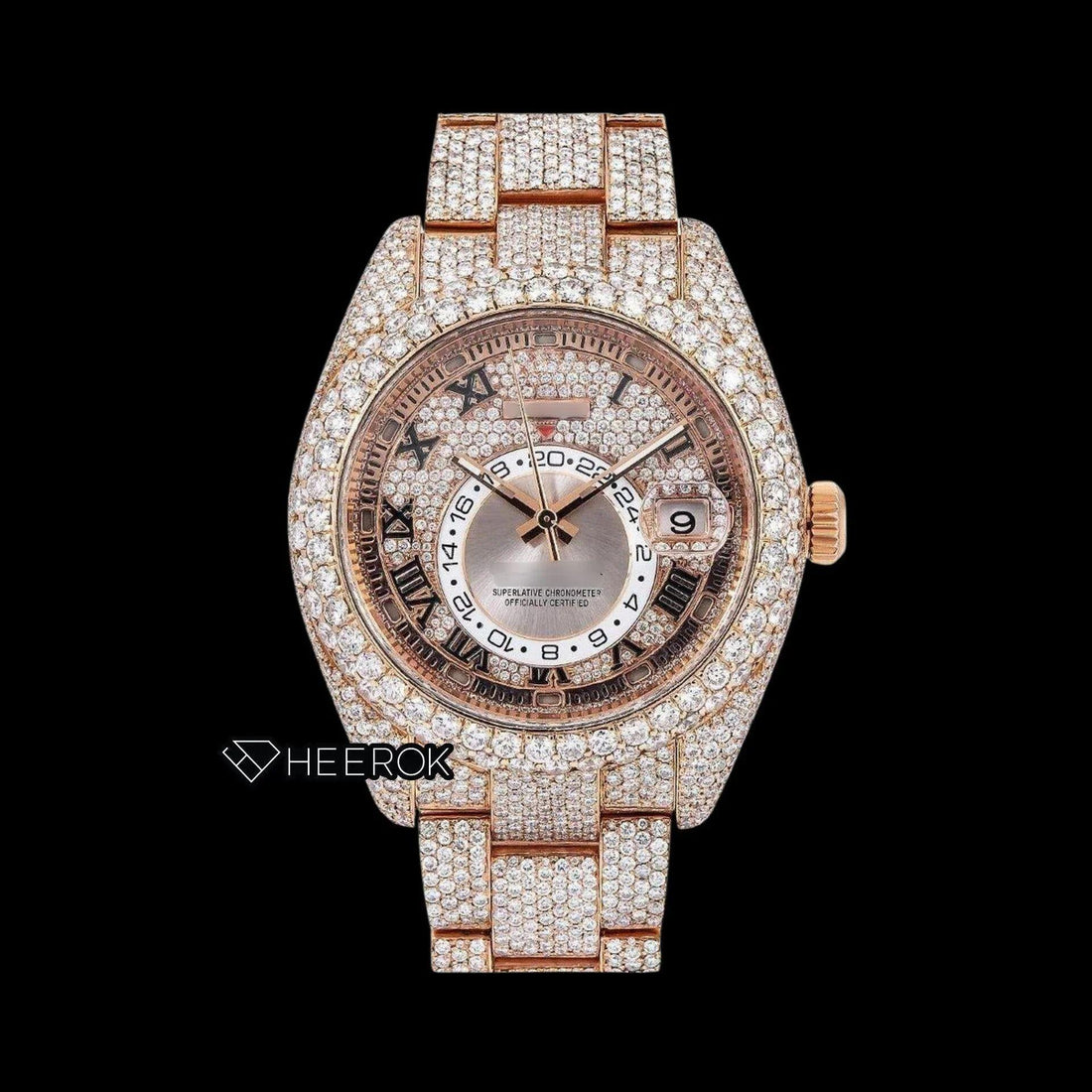 Rolex Sky-Dweller Rose Gold Dial Black Roman Numerals Diamond Bezel Rose Gold Fully Iced Moissanite Diamond Oyster Bracelet Front View