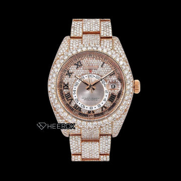 Rolex Sky-Dweller Rose Gold Dial Black Roman Numerals Diamond Bezel Rose Gold Fully Iced Moissanite Diamond Oyster Bracelet Front View