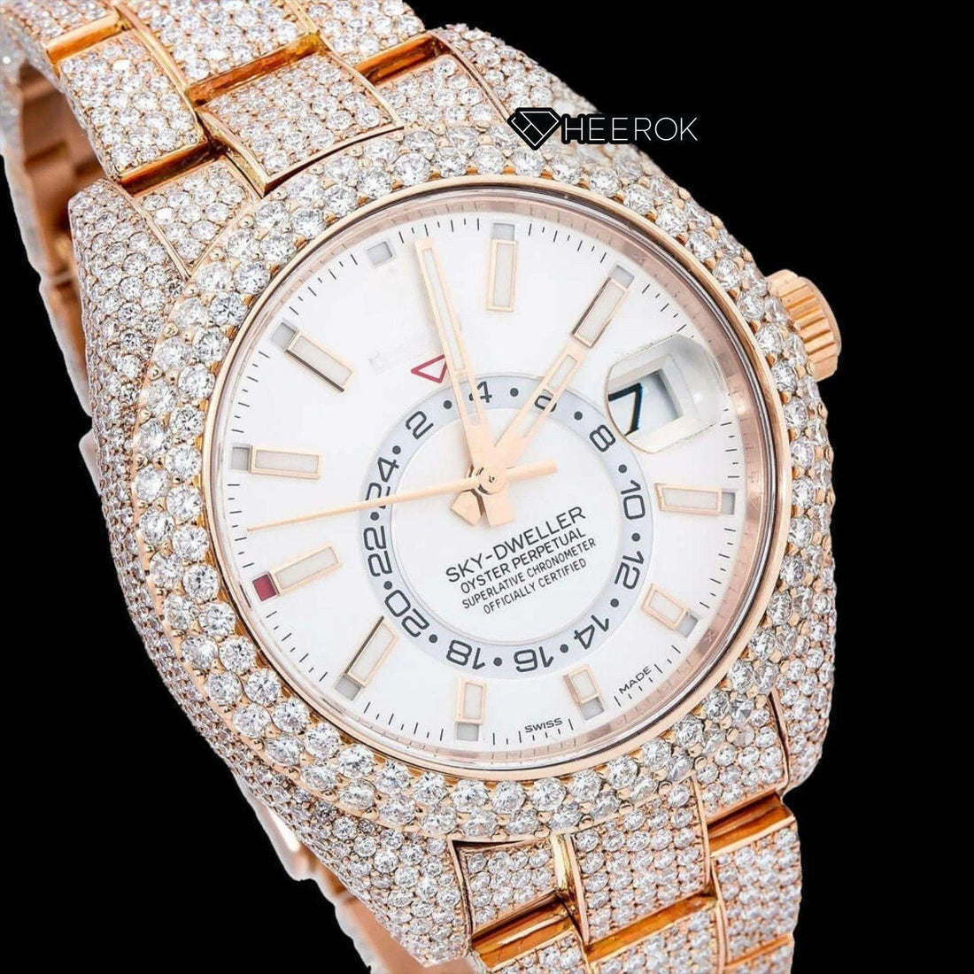 Rolex Sky-Dweller White Dial Stick Markers Diamond Bezel Rose Gold Moissanite Diamond Oyster Bracelet Front View