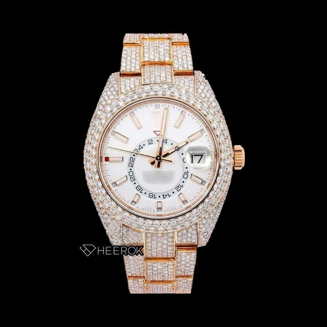Rolex Sky-Dweller White Dial Stick Markers Diamond Bezel Rose Gold Moissanite Diamond Oyster Bracelet Front View.