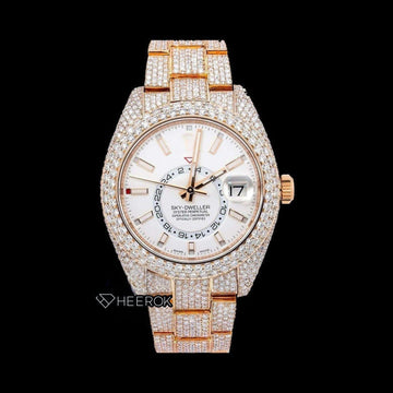 Rolex Sky-Dweller White Dial Stick Markers Diamond Bezel Rose Gold Moissanite Diamond Oyster Bracelet Front View