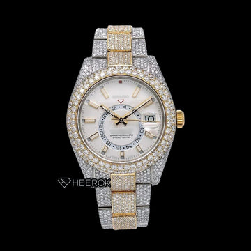 Rolex Sky-Dweller White Dial White Stick Markers Diamond Bezel Two Tone Yellow Gold Fully Iced Moissanite Diamond Oyster Bracelet Front View