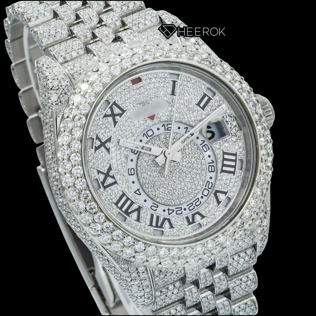 Rolex Sky-Dweller White Paved Dial Roman Numerals Diamond Bezel Bust Down Moissanite Diamond Jubilee Bracelet Watch Front View