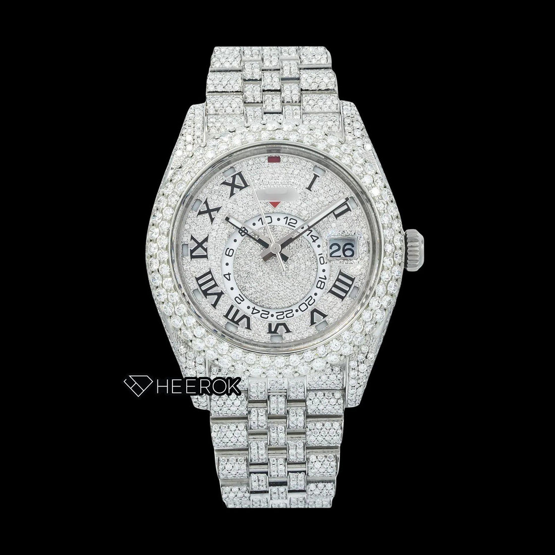 Rolex Sky-Dweller White Paved Dial Roman Numerals Diamond Bezel Bust Down Moissanite Diamond Jubilee Bracelet Watch Front View