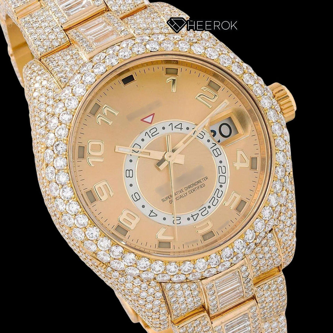Rolex Sky-Dweller Yellow Dial Standard Numerals Diamond Bezel Yellow Gold Fully Iced Baguette Moissanite Diamond Oyster Bracelet Watch Front View