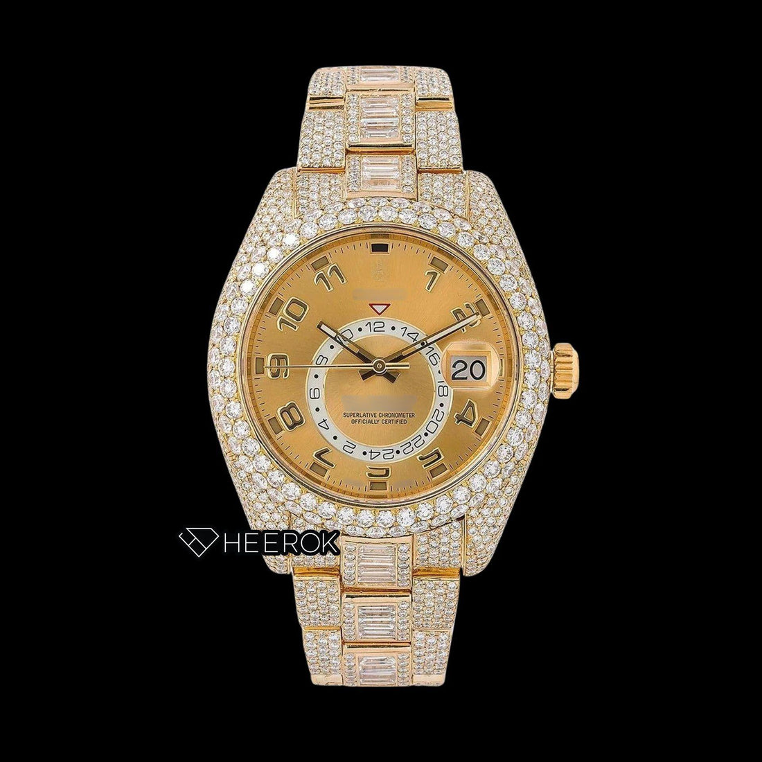 Rolex Sky-Dweller Yellow Dial Standard Numerals Diamond Bezel Yellow Gold Fully Iced Baguette Moissanite Diamond Oyster Bracelet Watch Front View
