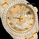 Rolex Sky-Dweller Yellow Dial Standard Numerals Diamond Bezel Yellow Gold Fully Iced Moissanite Diamond Oyster Bracelet Watch Front View