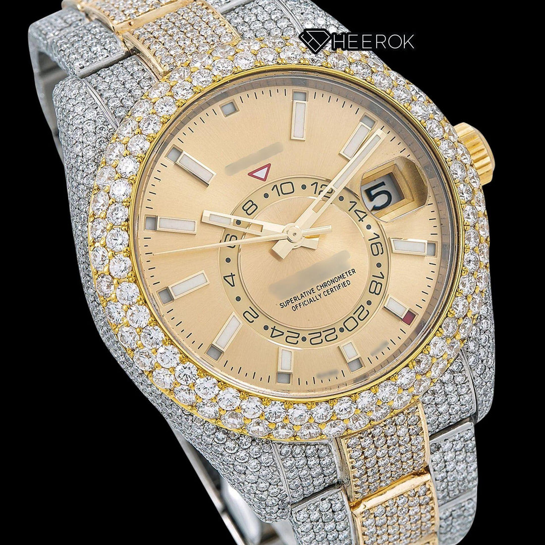Rolex Sky-Dweller Yellow Dial Stick Markers Diamond Bezel Two Tone Yellow Gold Fully Iced Moissanite Diamond Oyster Bracelet Watch Front View
