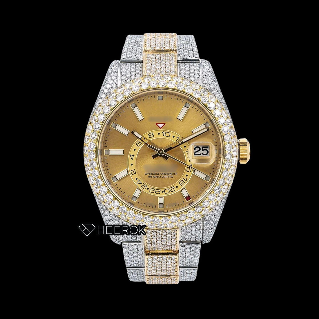 Rolex Sky-Dweller Yellow Dial Stick Markers Diamond Bezel Two Tone Yellow Gold Fully Iced Moissanite Diamond Oyster Bracelet Watch Front View