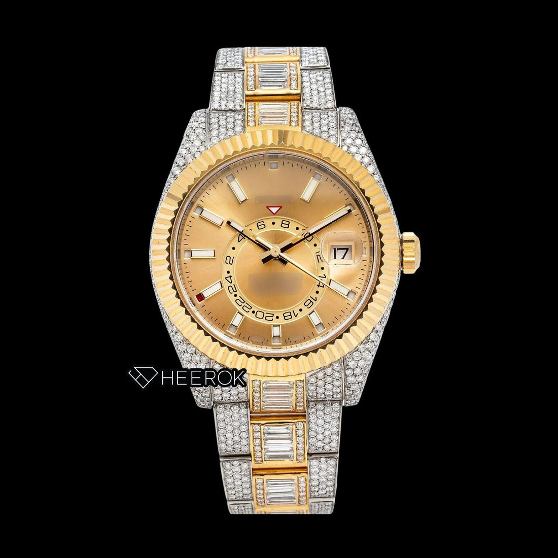 Rolex Sky-Dweller Yellow Dial White Stick Markers Fluted Bezel Two Tone Yellow Gold Baguette Moissanite Diamond Oyster Bracelet Watch Front View