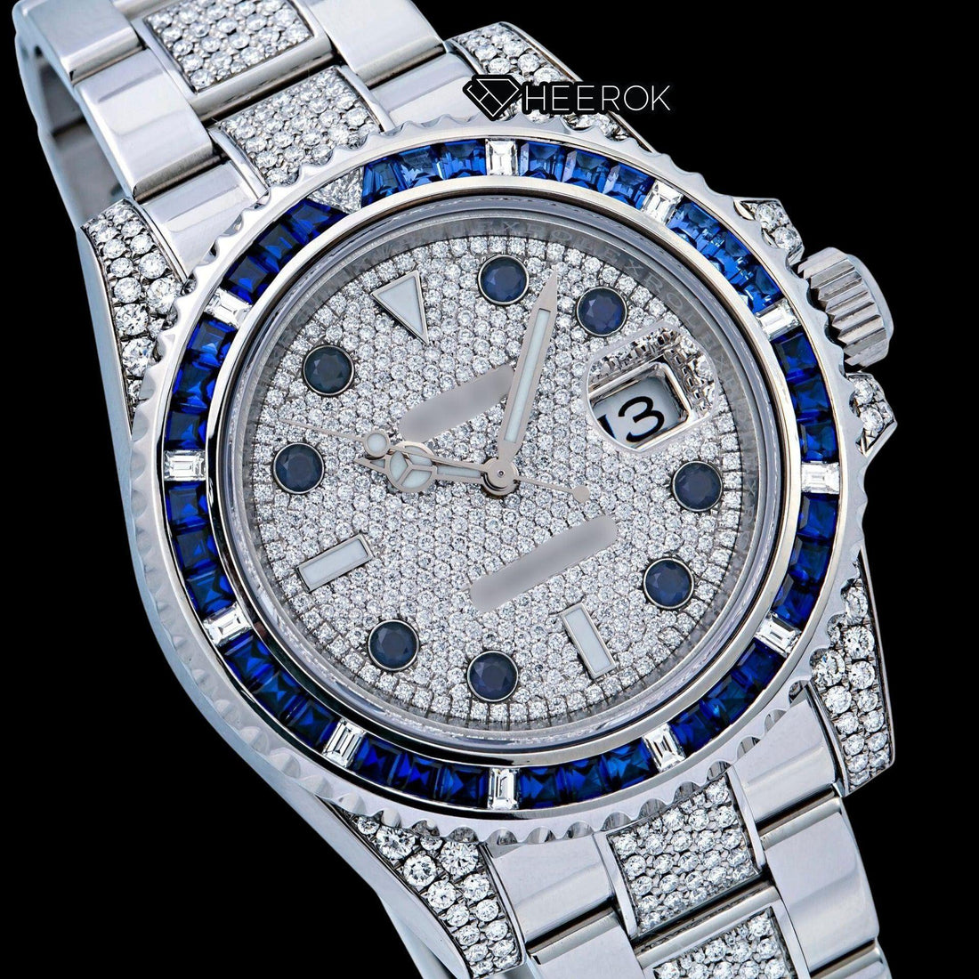 Rolex Submariner Diamond Paved Dial Diamond Markers Diamond Bezel Semi Iced Moissanite Diamond Oyster Bracelet Watch Front View