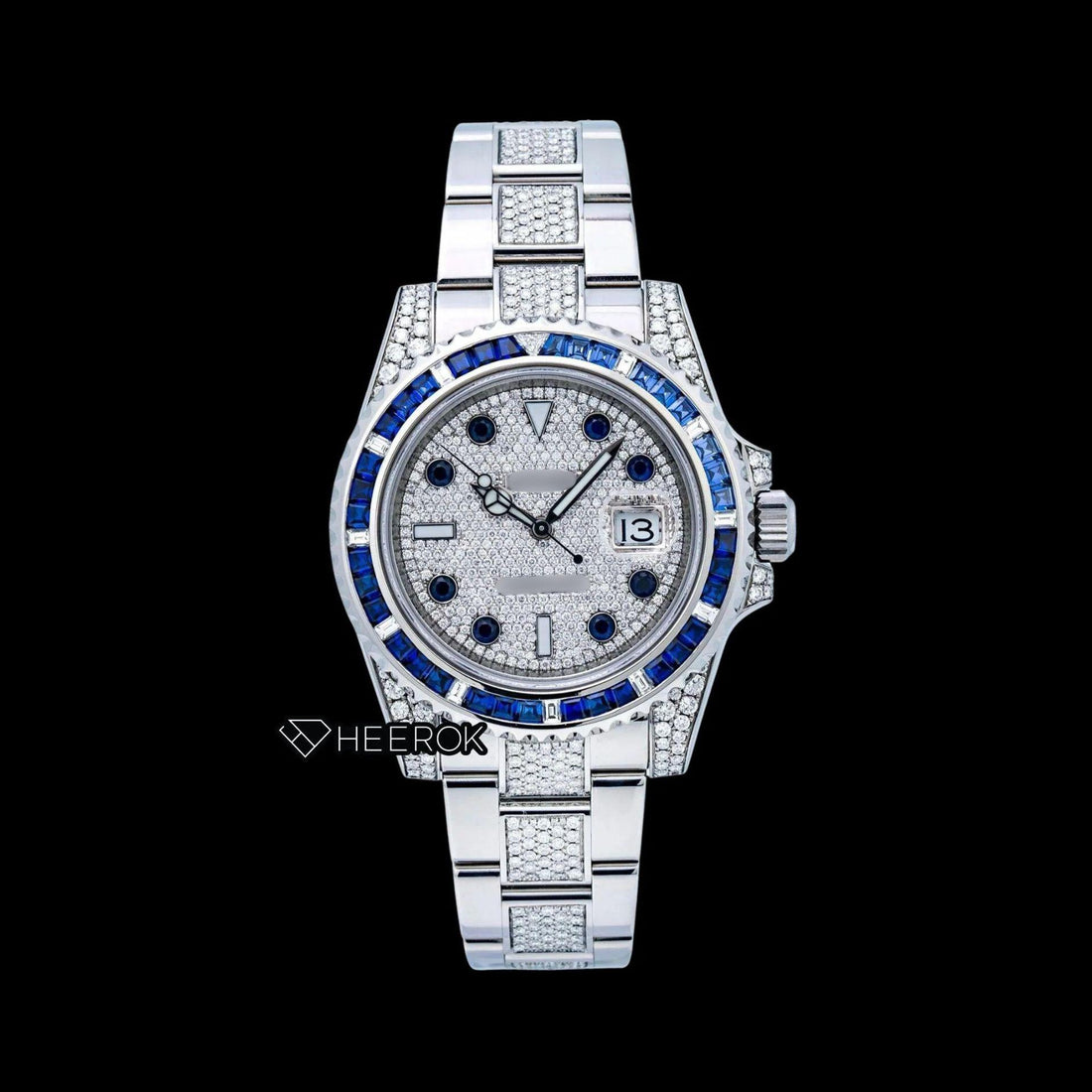 Rolex Submariner Diamond Paved Dial Diamond Markers Diamond Bezel Semi Iced Moissanite Diamond Oyster Bracelet Watch Front View