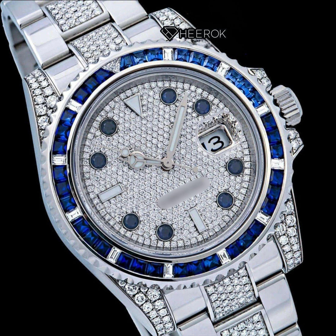 Rolex Submariner Full Pave Dial Blue Sapphire Bezel Diamond Markers Moissanite Diamond Oyster Bracelet Front View.