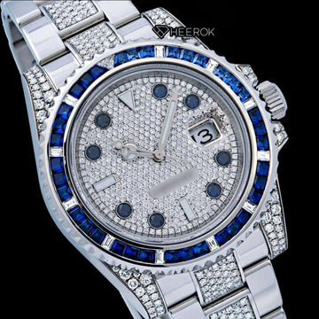 Rolex Submariner Full Pave Dial Blue Sapphire Bezel Diamond Markers Moissanite Diamond Oyster Bracelet Close Up Dial View.