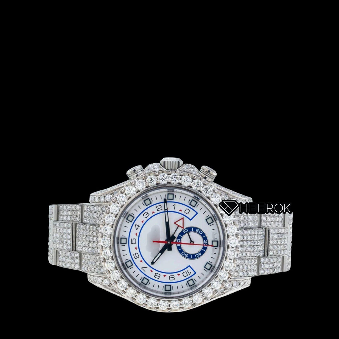 Rolex Yacht-Master White Dial Square Shape Markers Diamond Bezel  Fully Iced Moissanite Diamond Oyster Bracelet Watch Front View