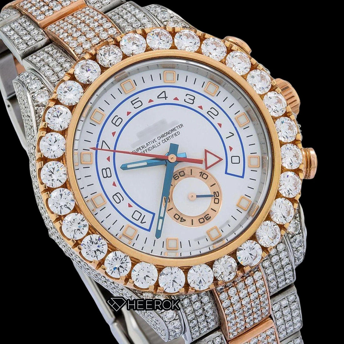 Rolex Yacht-Master White Dial Square Shape Markers Large Round Diamond Bezel Two Tone Rose Gold Moissanite Diamond Oyster Bracelet Watch Front View