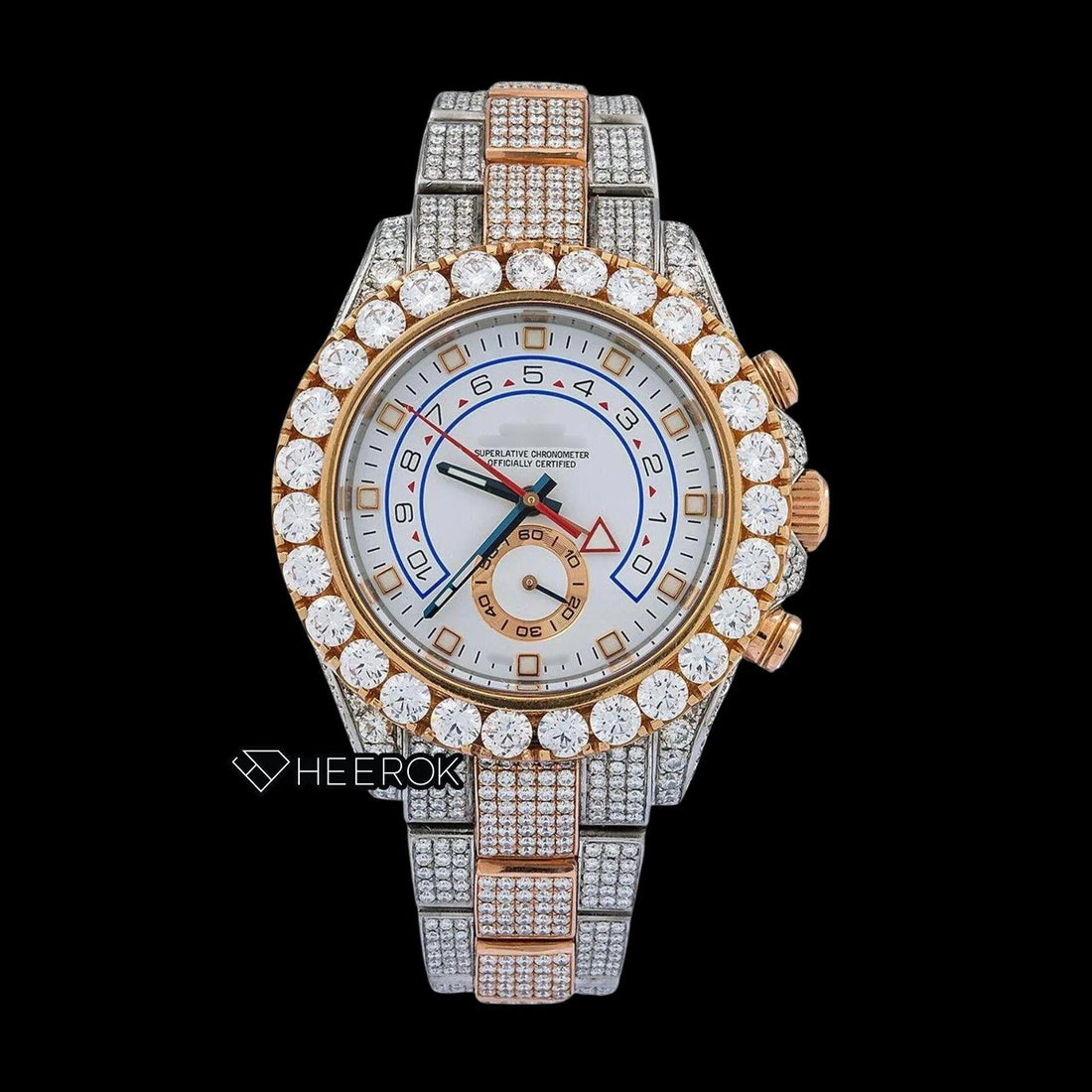 Rolex Yacht-Master White Dial Square Shape Markers Large Round Diamond Bezel Two Tone Rose Gold Moissanite Diamond Oyster Bracelet Watch Front View